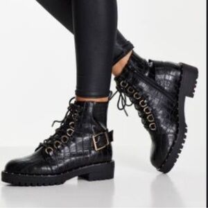 ASOS Design Aura Lace Up Hiker Boots in Black Croc